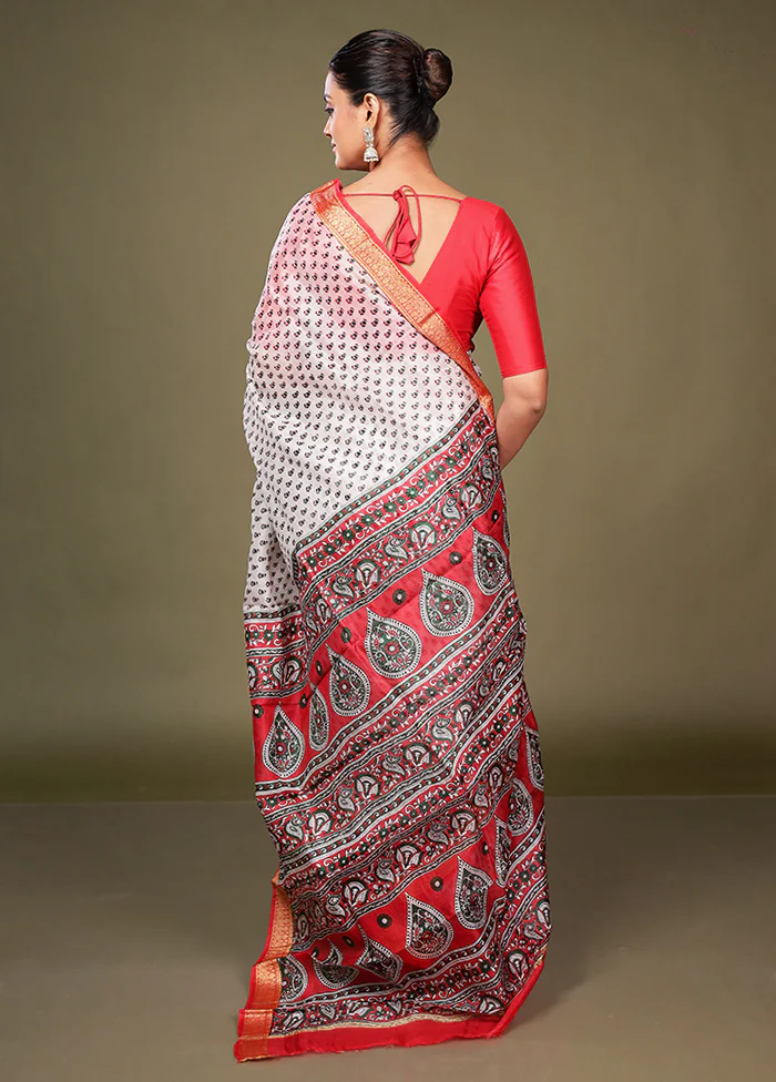 White Printed Silk Saree Without Blouse Piece - Image 3