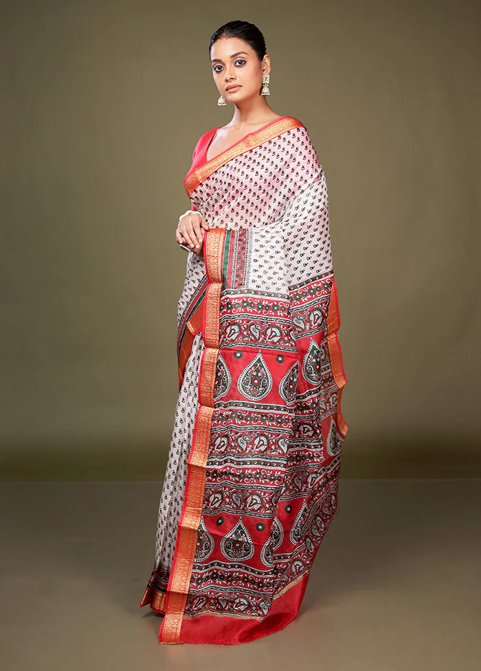 White Printed Silk Saree Without Blouse Piece - Image 4