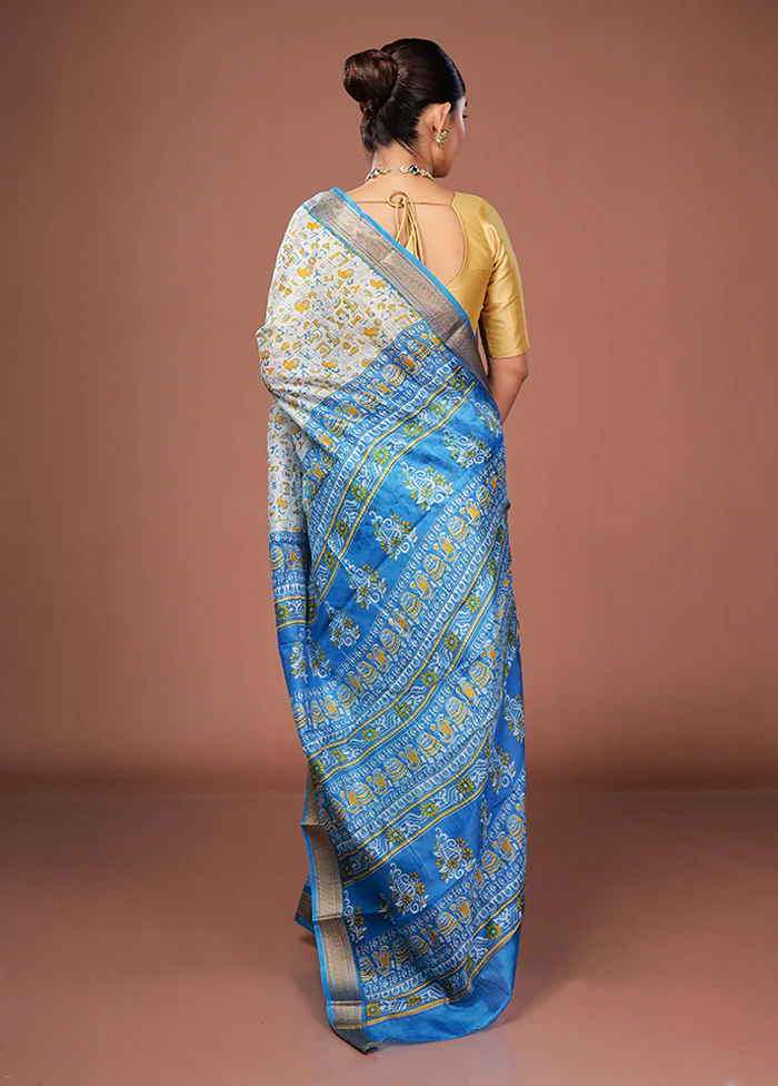 White Printed Pure Silk Saree Without Blouse Piece - Image 3