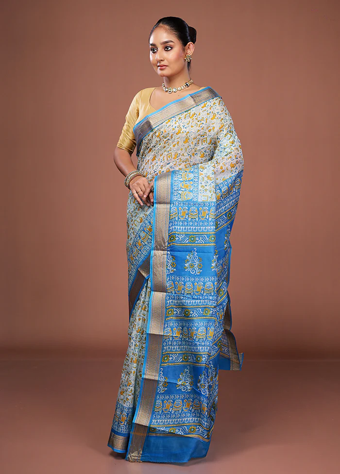 White Printed Pure Silk Saree Without Blouse Piece - Image 4