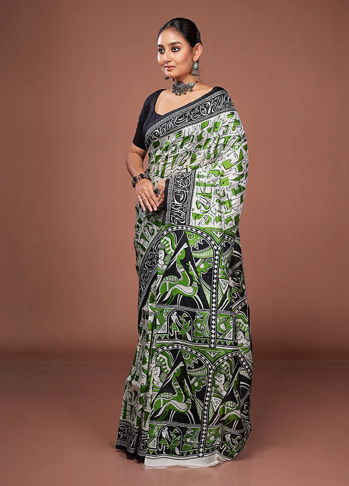 White Printed Pure Silk Saree Without Blouse Piece - Image 4