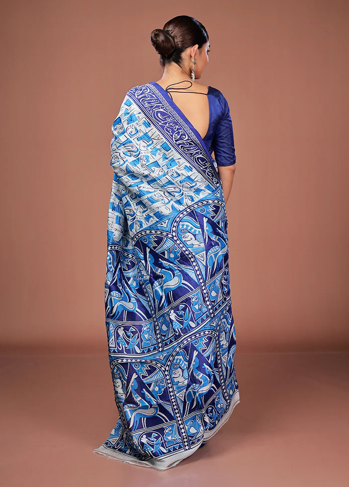 White Printed Pure Silk Saree Without Blouse Piece - Image 3