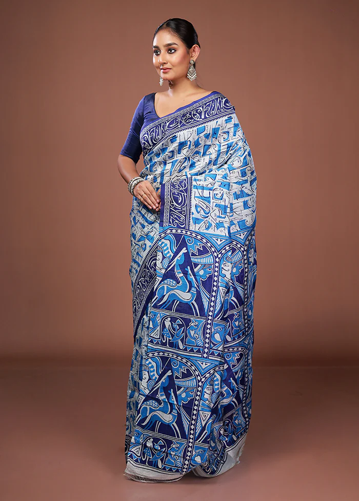 White Printed Pure Silk Saree Without Blouse Piece - Image 4