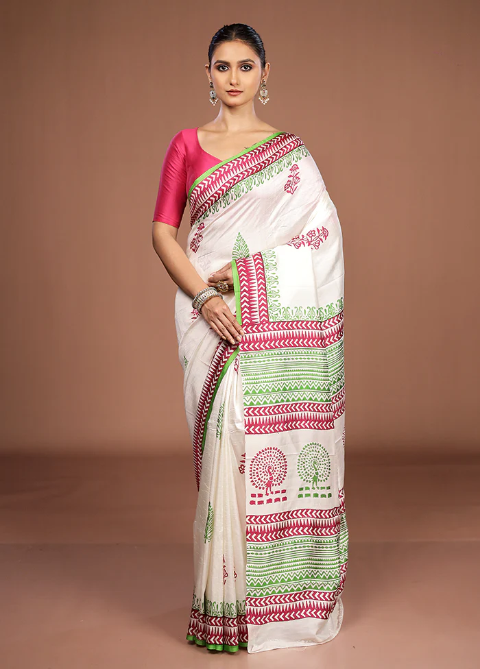 White Printed Silk Saree Without Blouse Piece - Image 2