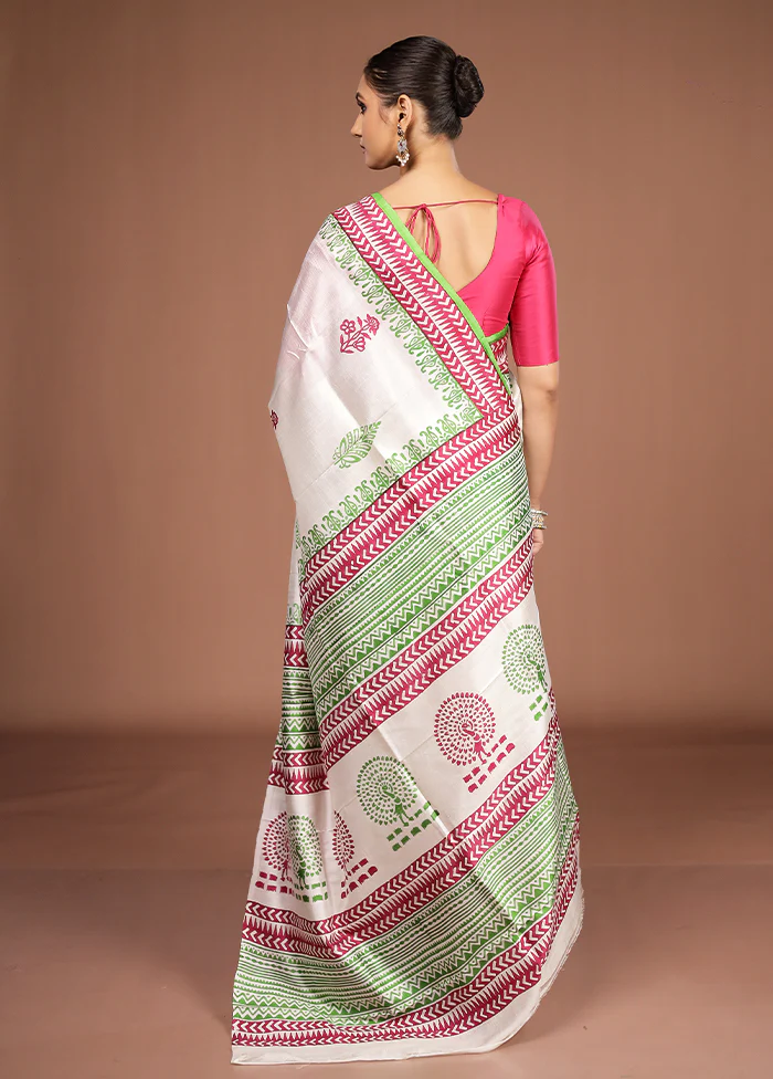 White Printed Silk Saree Without Blouse Piece - Image 3