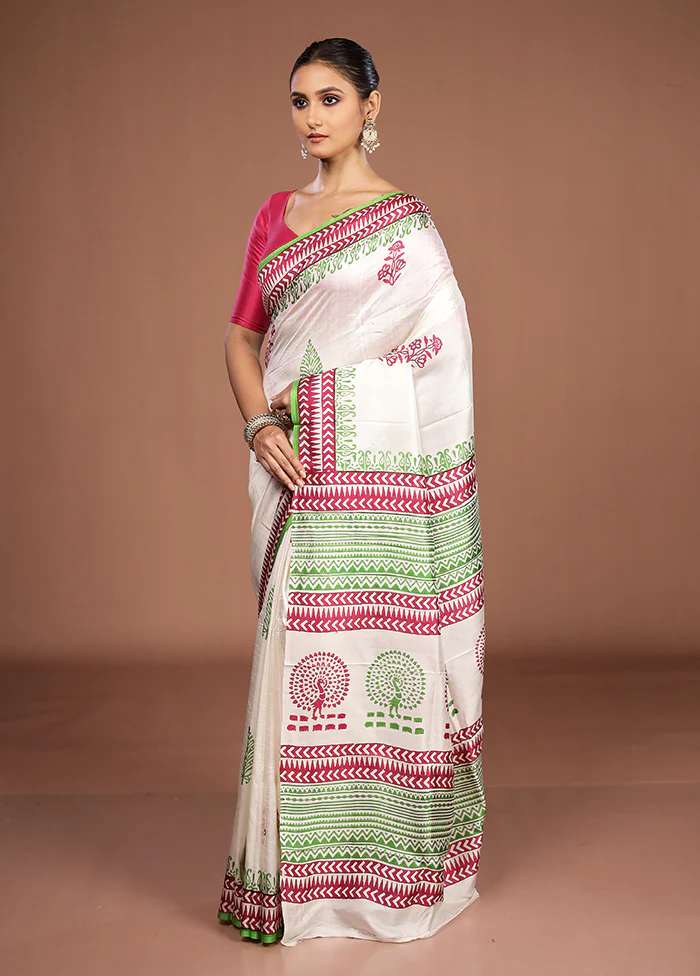 White Printed Silk Saree Without Blouse Piece - Image 4