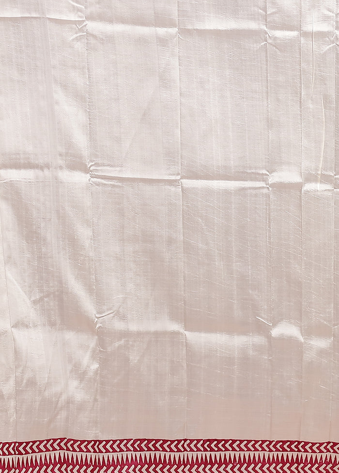 White Printed Silk Saree Without Blouse Piece - Image 5