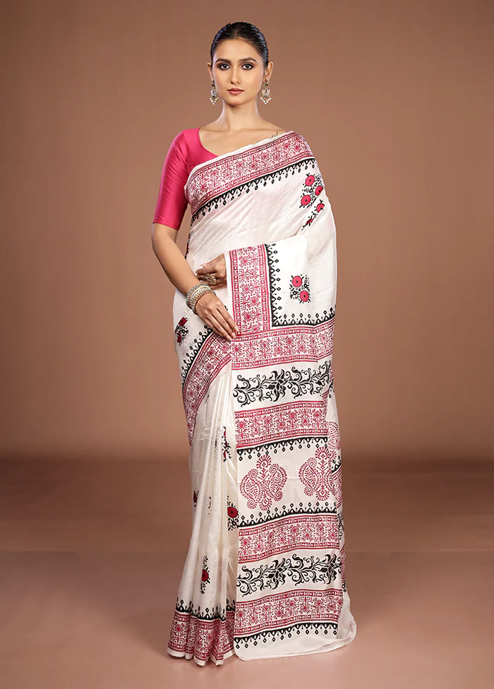 White Printed Silk Saree Without Blouse Piece - Image 2