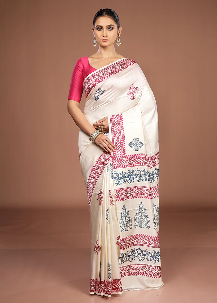 White Printed Silk Saree Without Blouse Piece - Image 2