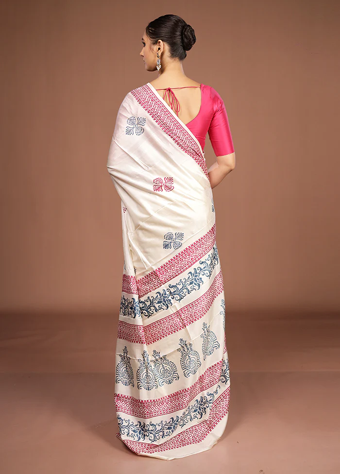 White Printed Silk Saree Without Blouse Piece - Image 3