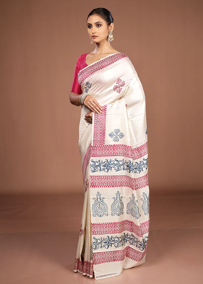 White Printed Silk Saree Without Blouse Piece - Image 4