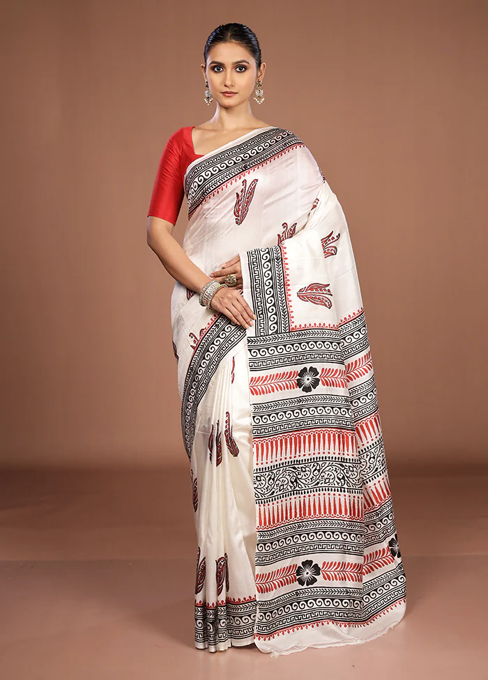 White Printed Silk Saree Without Blouse Piece - Image 2