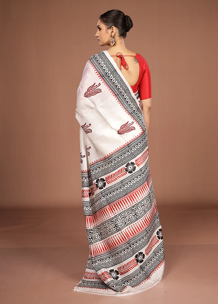 White Printed Silk Saree Without Blouse Piece - Image 3