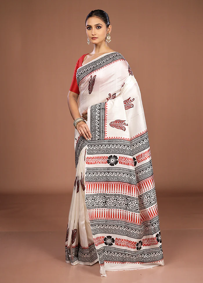White Printed Silk Saree Without Blouse Piece - Image 4