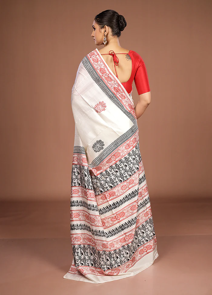 White Printed Pure Silk Saree Without Blouse Piece - Image 3