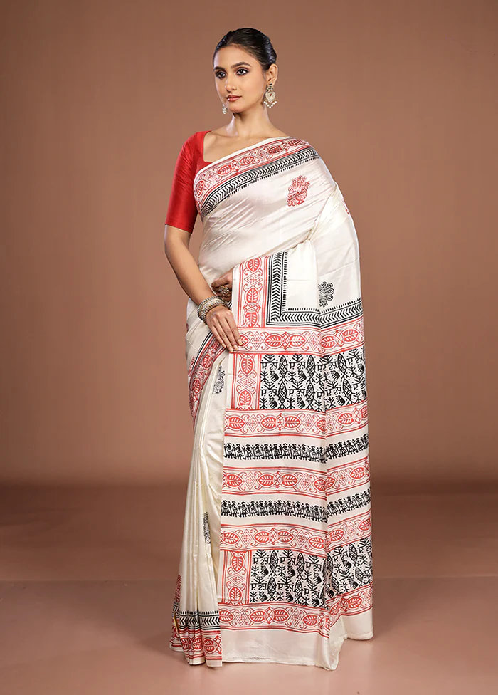 White Printed Pure Silk Saree Without Blouse Piece - Image 4