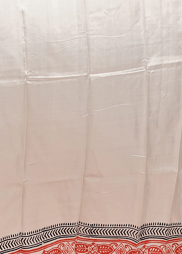 White Printed Pure Silk Saree Without Blouse Piece - Image 5
