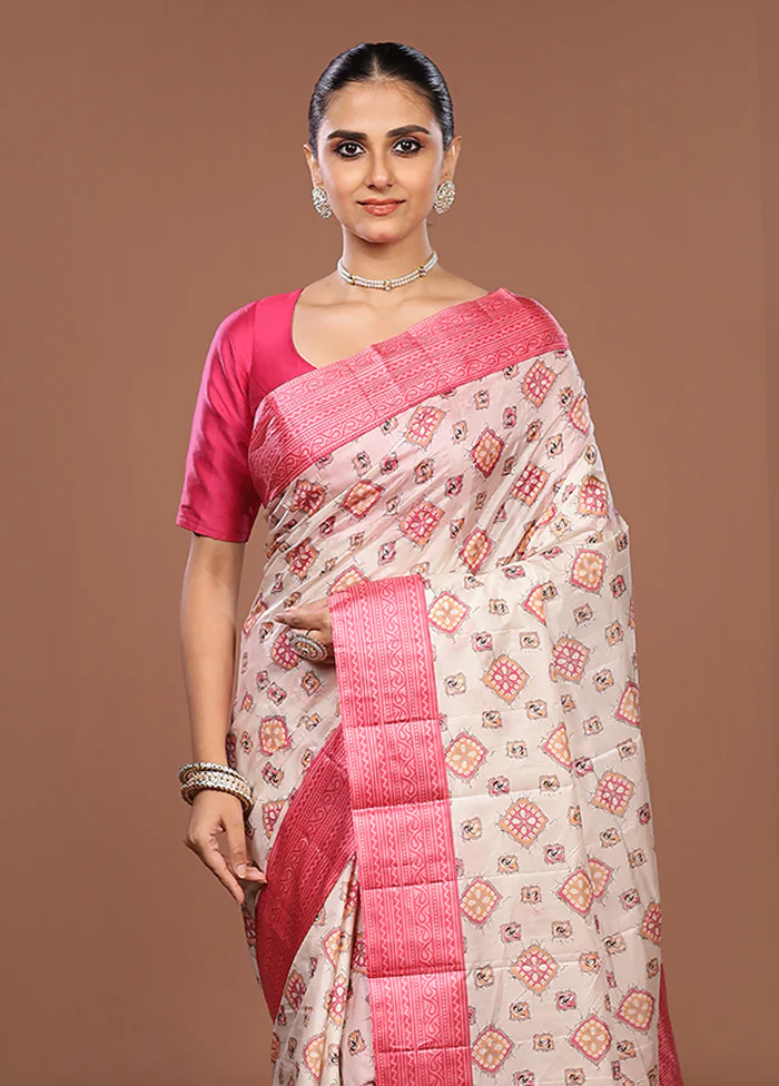 White Printed Silk Saree Without Blouse Piece