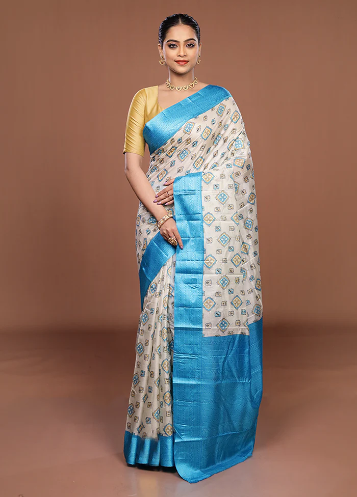 White Printed Silk Saree Without Blouse Piece - Image 2