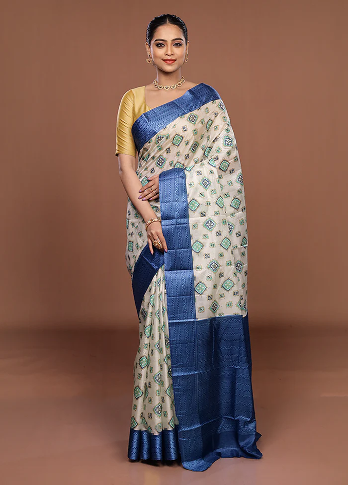 White Printed Pure Silk Saree Without Blouse Piece - Image 2