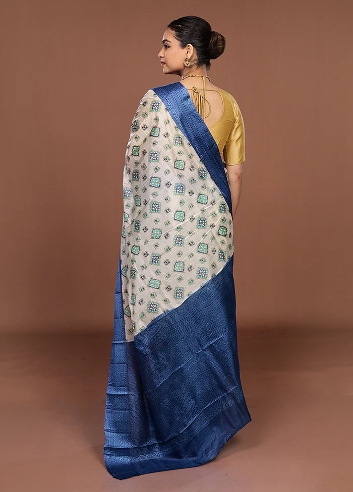 White Printed Pure Silk Saree Without Blouse Piece - Image 3