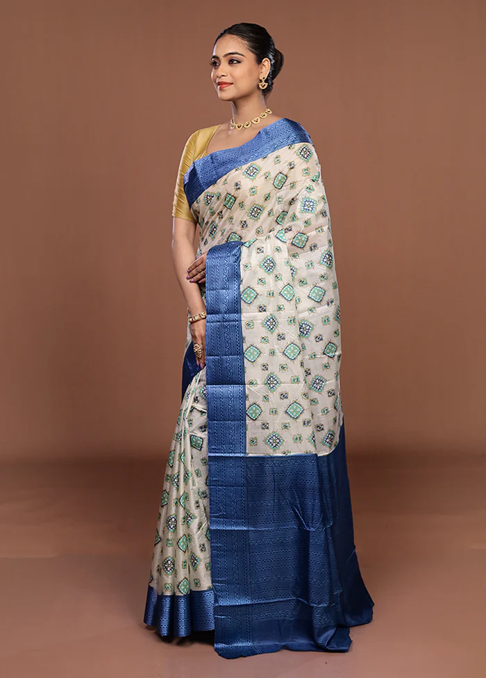 White Printed Pure Silk Saree Without Blouse Piece - Image 4