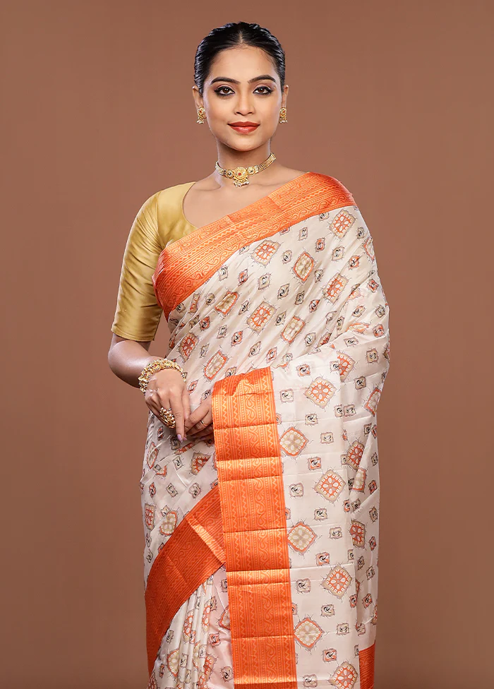 White Printed Silk Saree Without Blouse Piece