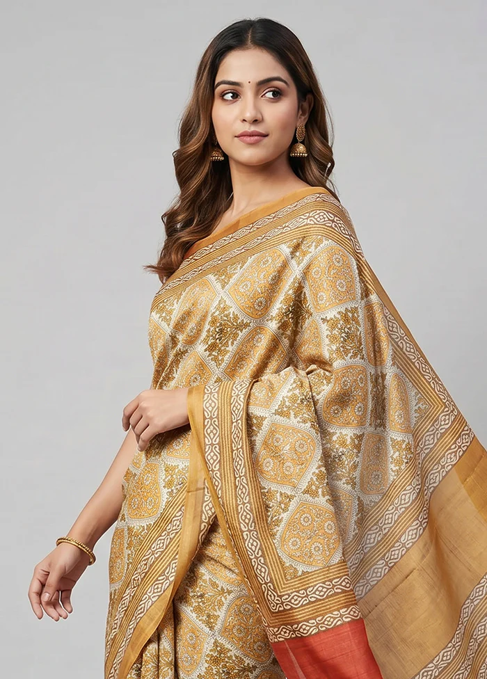 White Printed Silk Saree Without Blouse Piece - Image 2