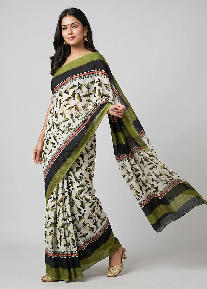 White Printed Silk Saree Without Blouse Piece