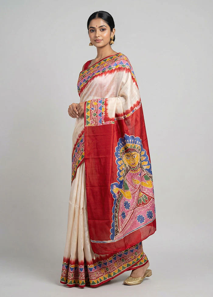 White Printed Silk Saree Without Blouse Piece
