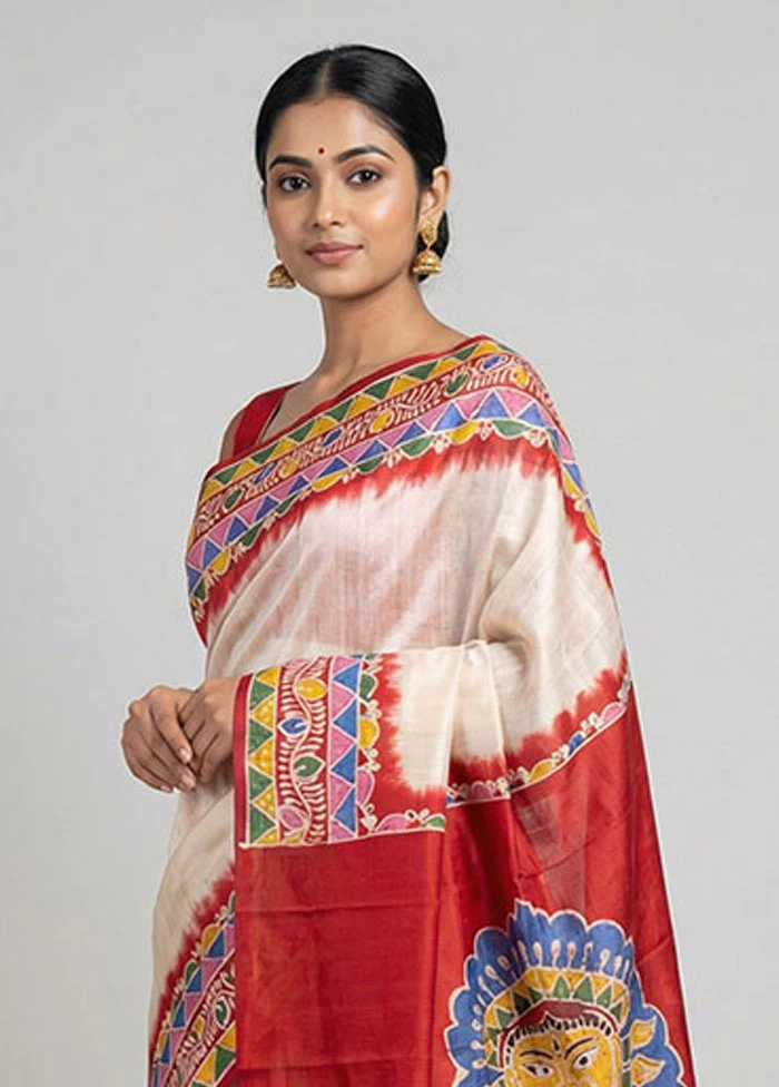 White Printed Silk Saree Without Blouse Piece - Image 2