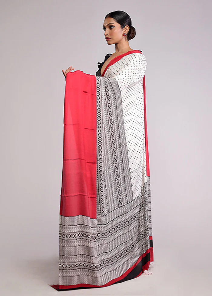 White Printed Silk Saree Without Blouse Piece - Image 4