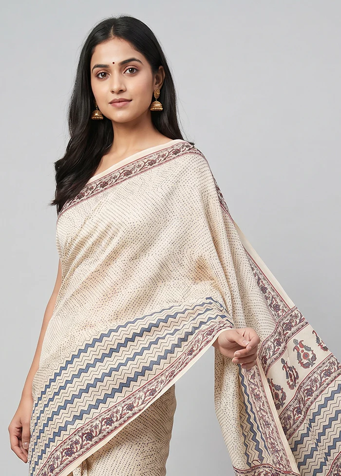 White Printed Silk Saree Without Blouse Piece - Image 2