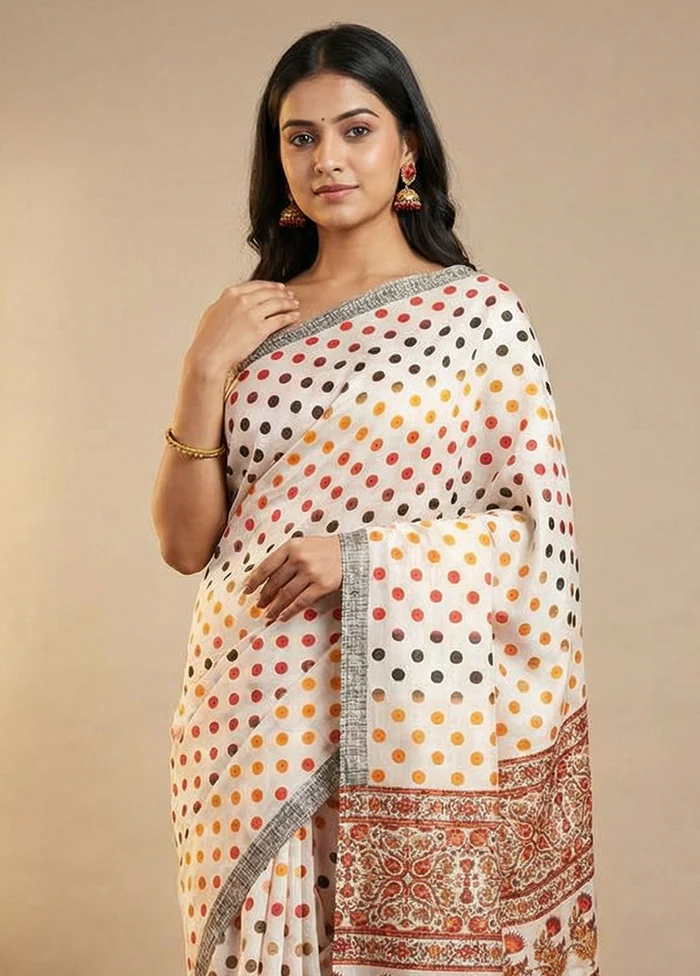 White Printed Silk Saree Without Blouse Piece - Image 2