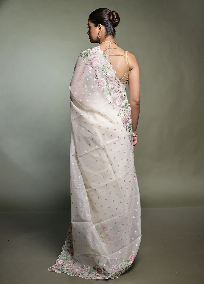 White Pure Kota Cotton Saree With Blouse Piece - Image 3