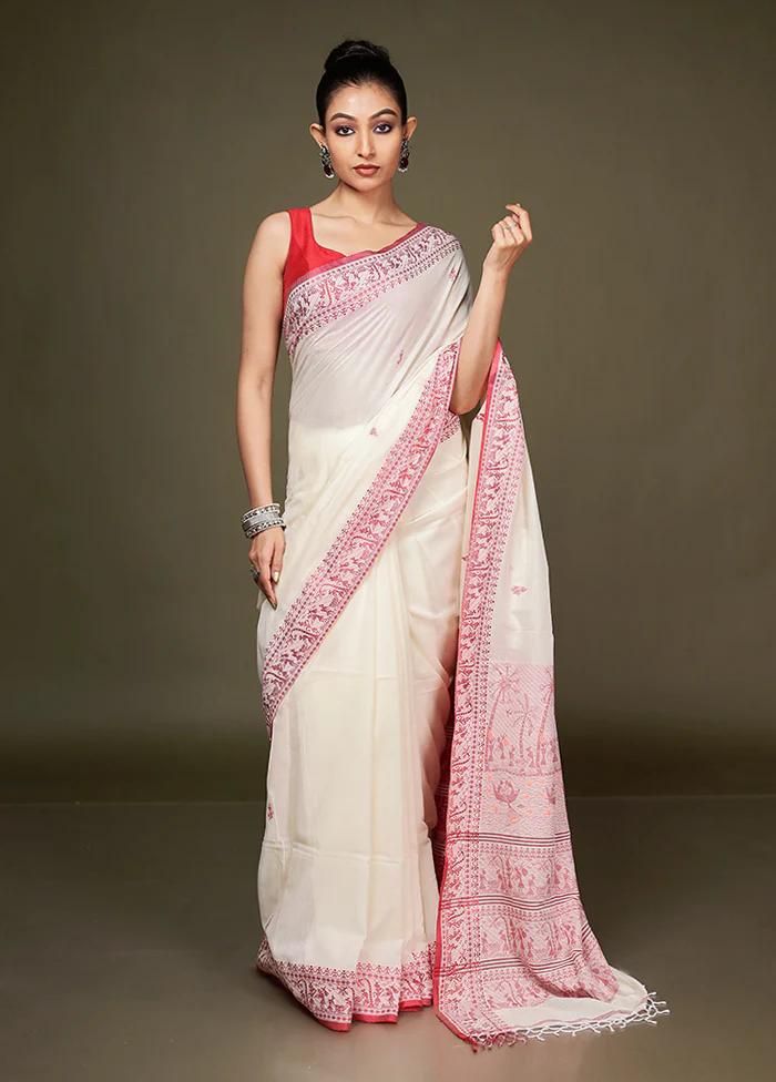 White Pure Cotton Saree With Blouse Piece - Image 2