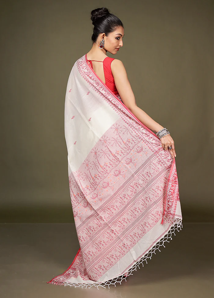 White Pure Cotton Saree With Blouse Piece - Image 3