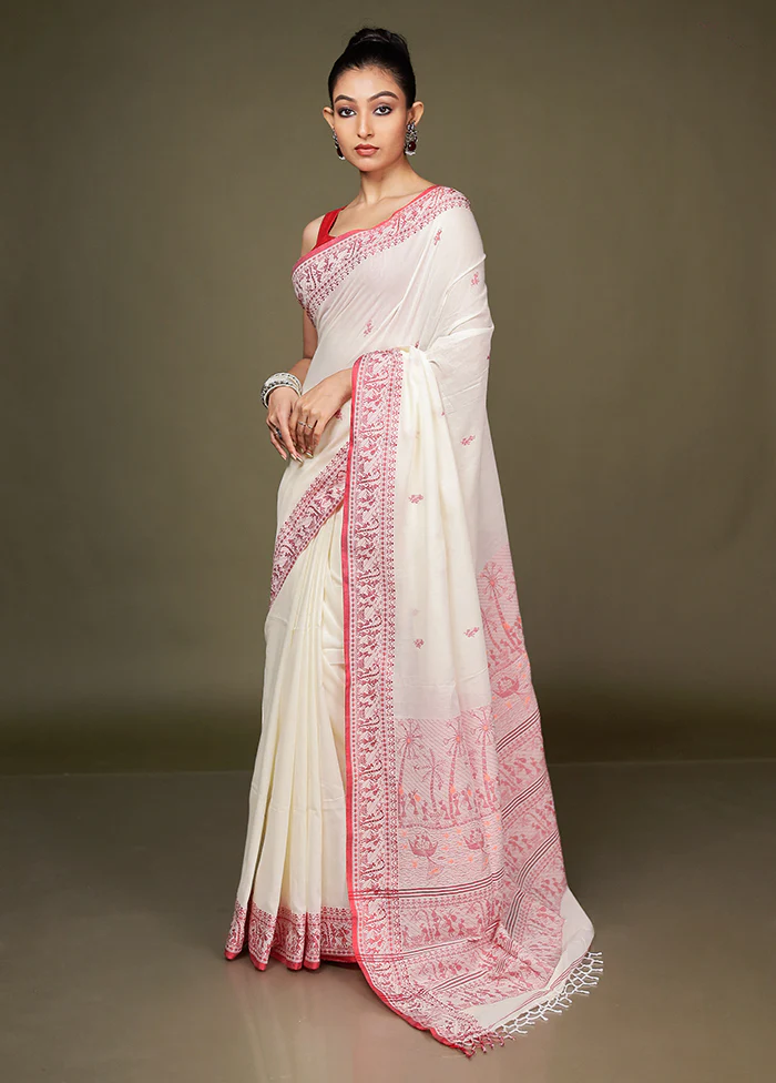 White Pure Cotton Saree With Blouse Piece - Image 4