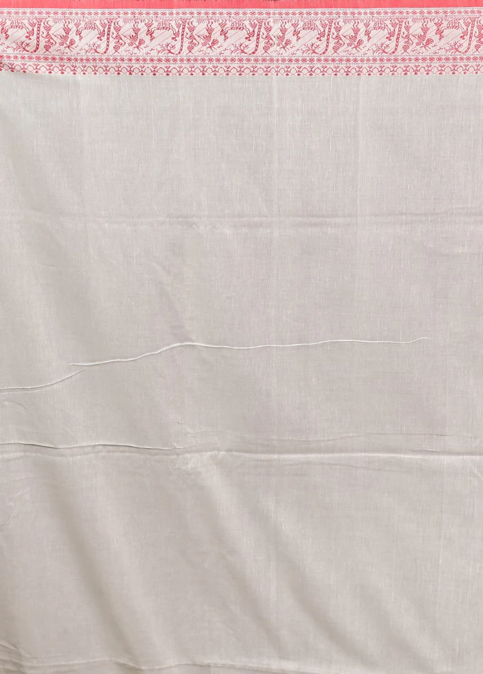 White Pure Cotton Saree With Blouse Piece - Image 5