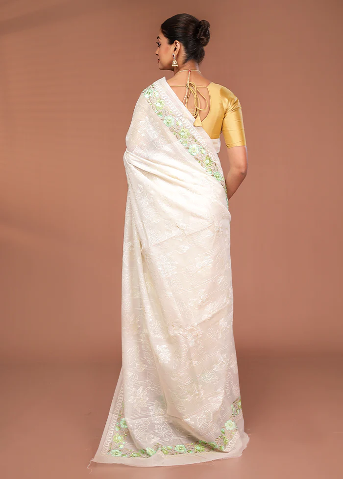 White Pure Cotton Saree With Blouse Piece - Image 3