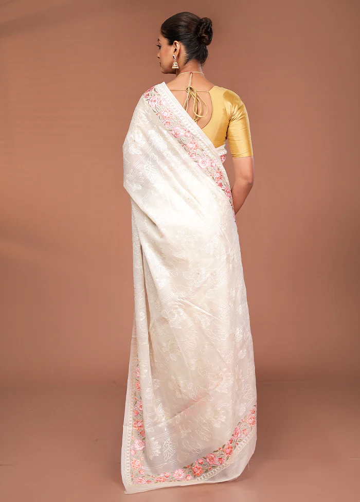 White Pure Cotton Saree With Blouse Piece - Image 3