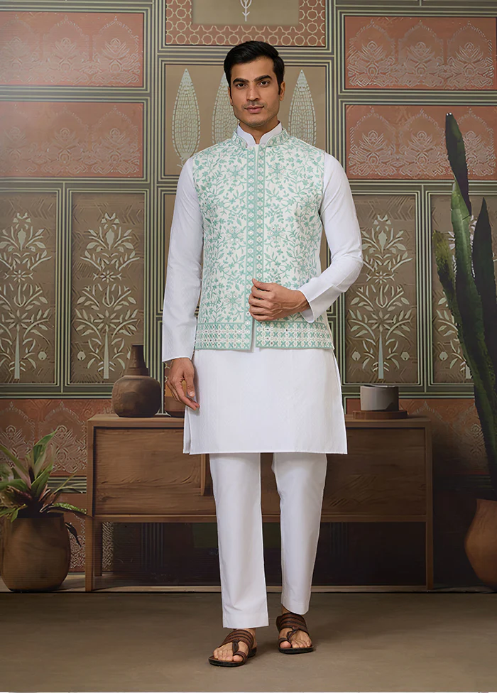 White Silk Kurta & Pajama With Jacket Set