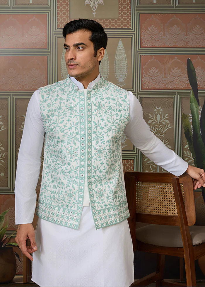 White Silk Kurta & Pajama With Jacket Set - Image 2