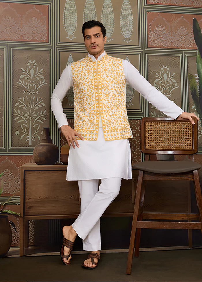 White Silk Kurta & Pajama With Jacket Set