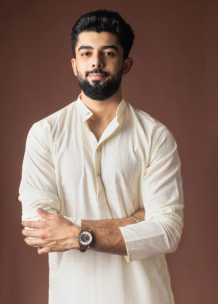 White Silk Kurta & Pajama Set - Image 2