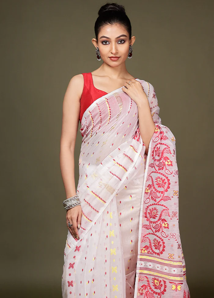 White Tant Cotton Saree Without Blouse Piece