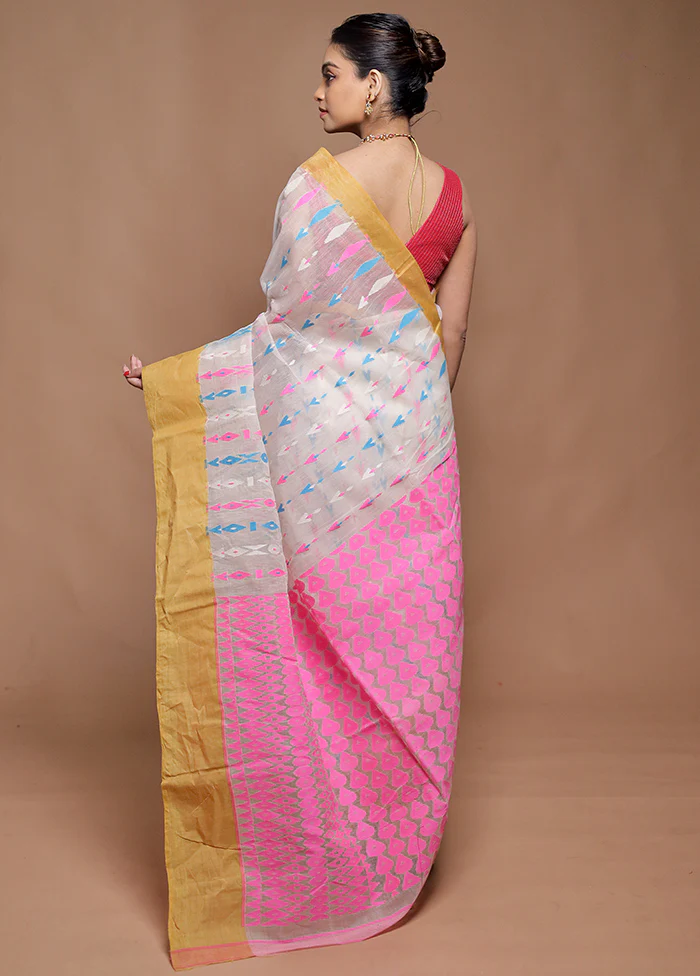 White Tant Jamdani Saree Without Blouse Piece - Image 3