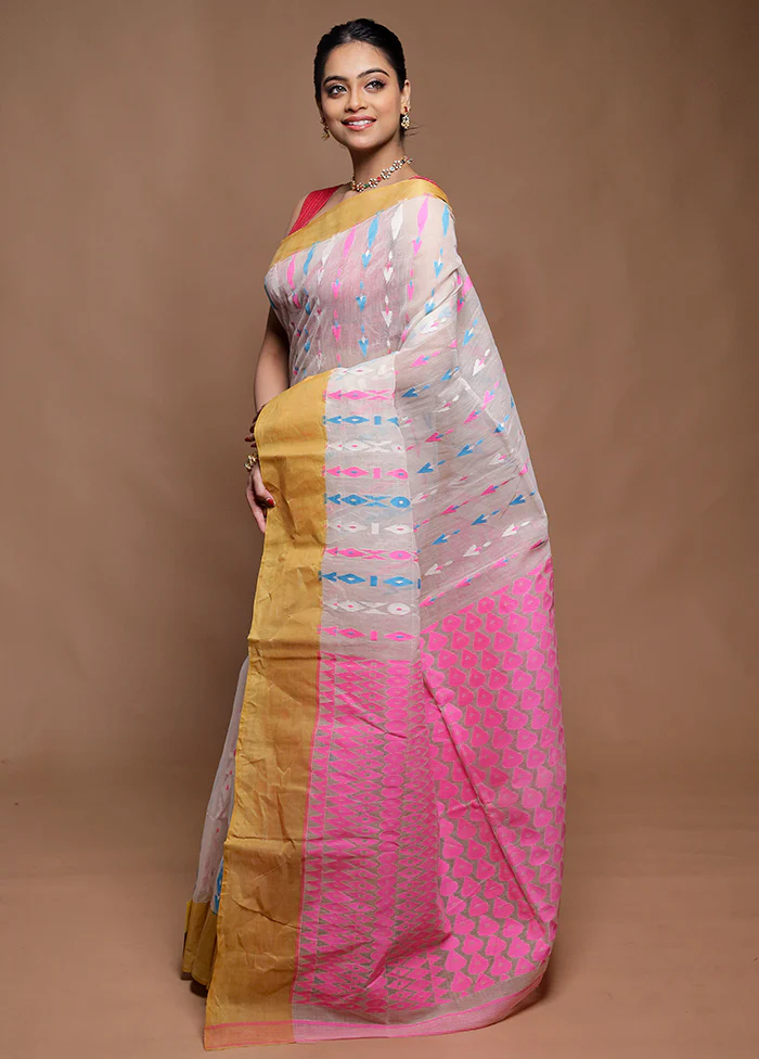 White Tant Jamdani Saree Without Blouse Piece - Image 4