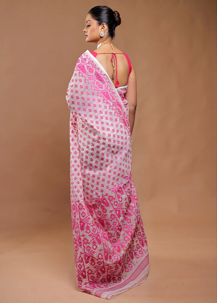 White Tant Jamdani Saree Without Blouse Piece - Image 3