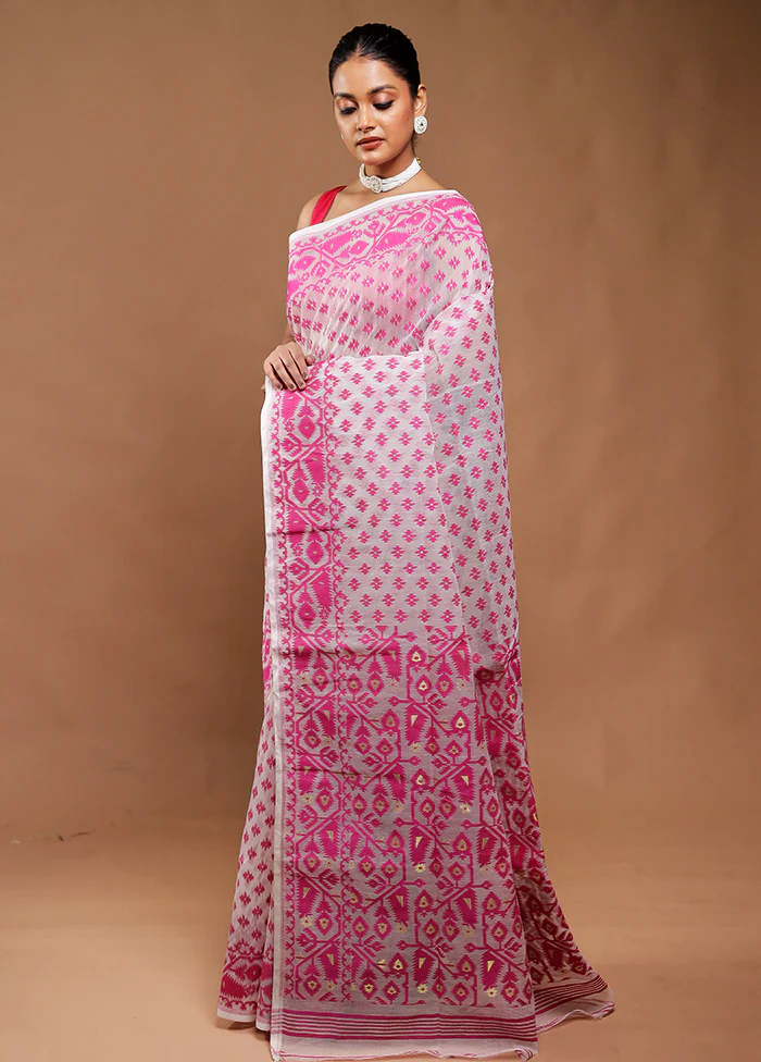 White Tant Jamdani Saree Without Blouse Piece - Image 4